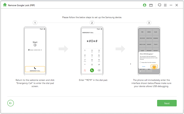 set up samsung device to begin frp bypass