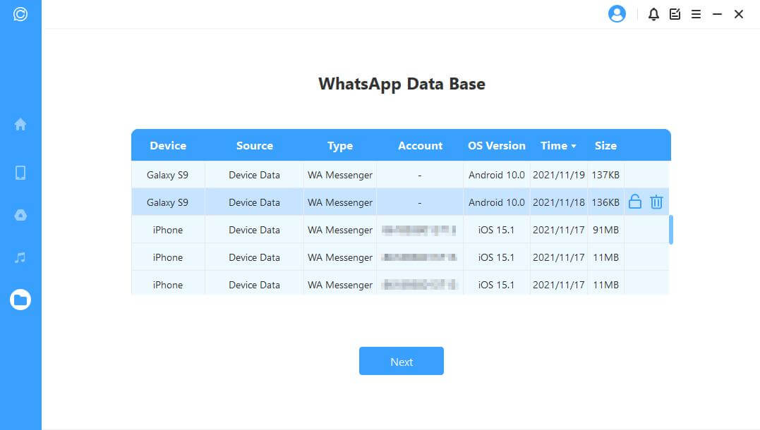WhatsApp backup list from ChatsBack history records