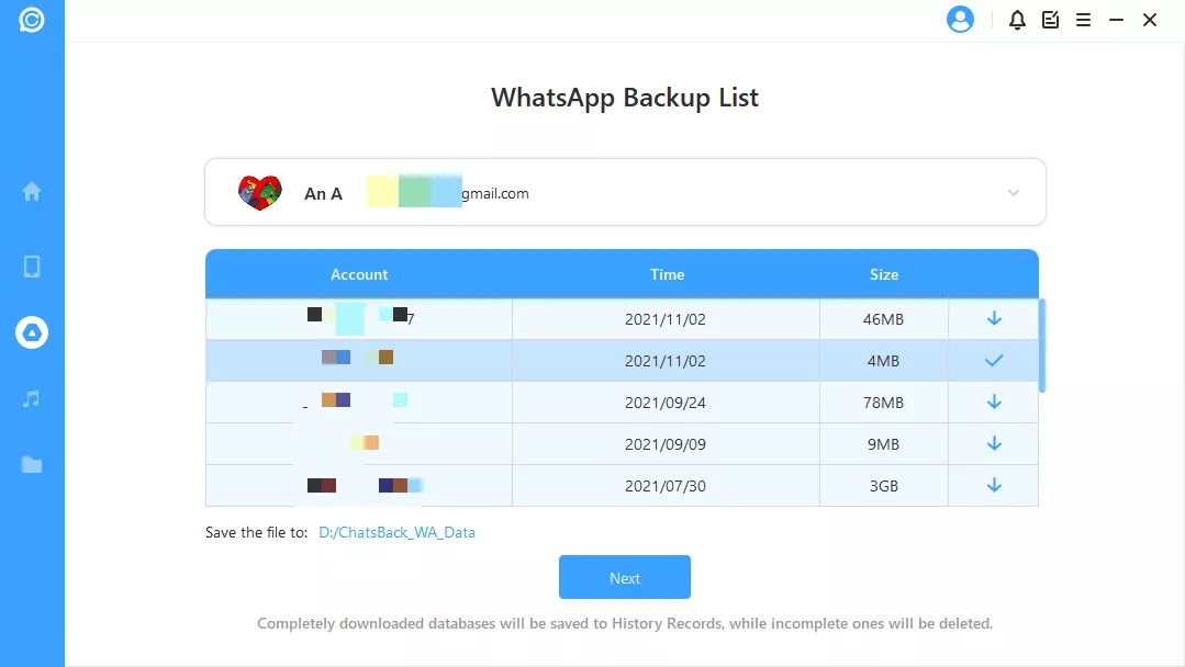 download backups from ChatsBack Whatsapp backup list