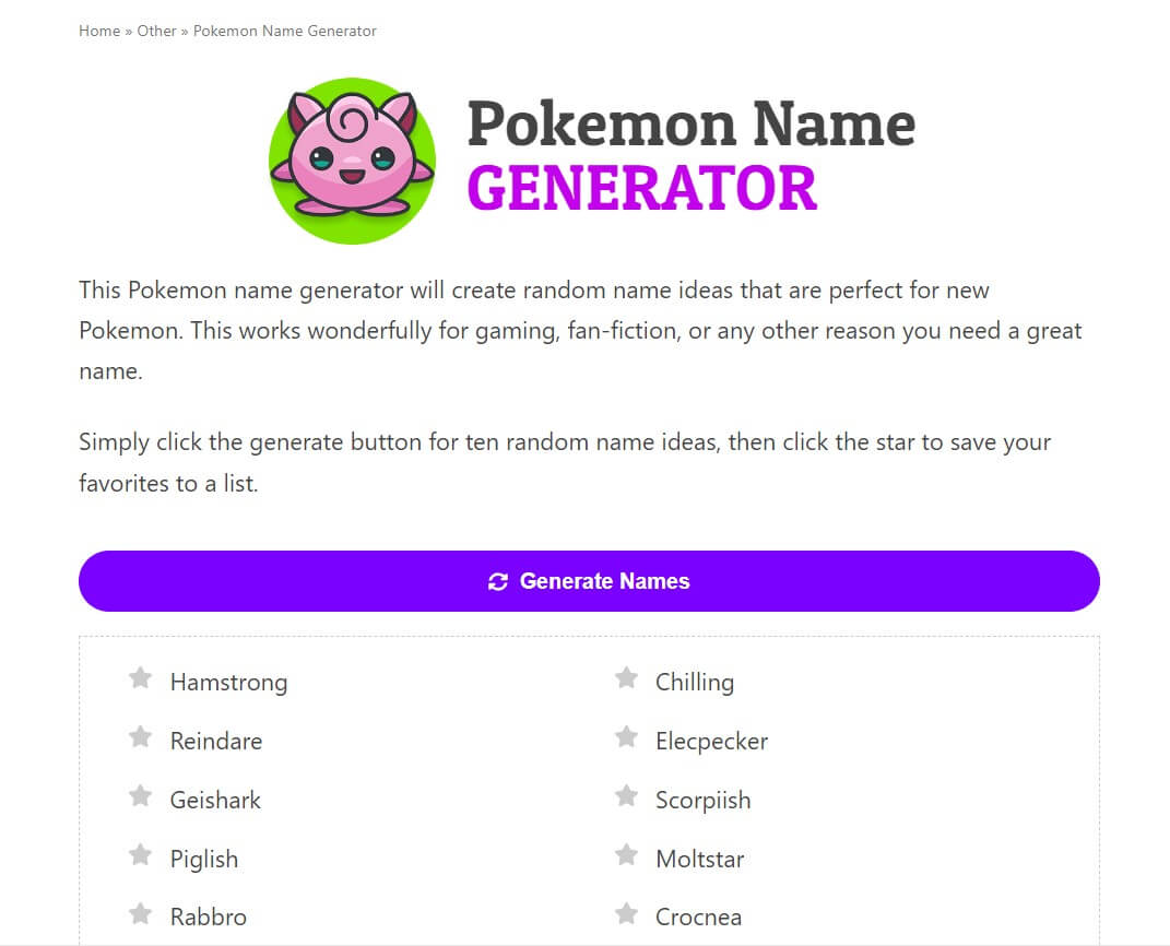 Namesnerd Pokemonp Name Generator