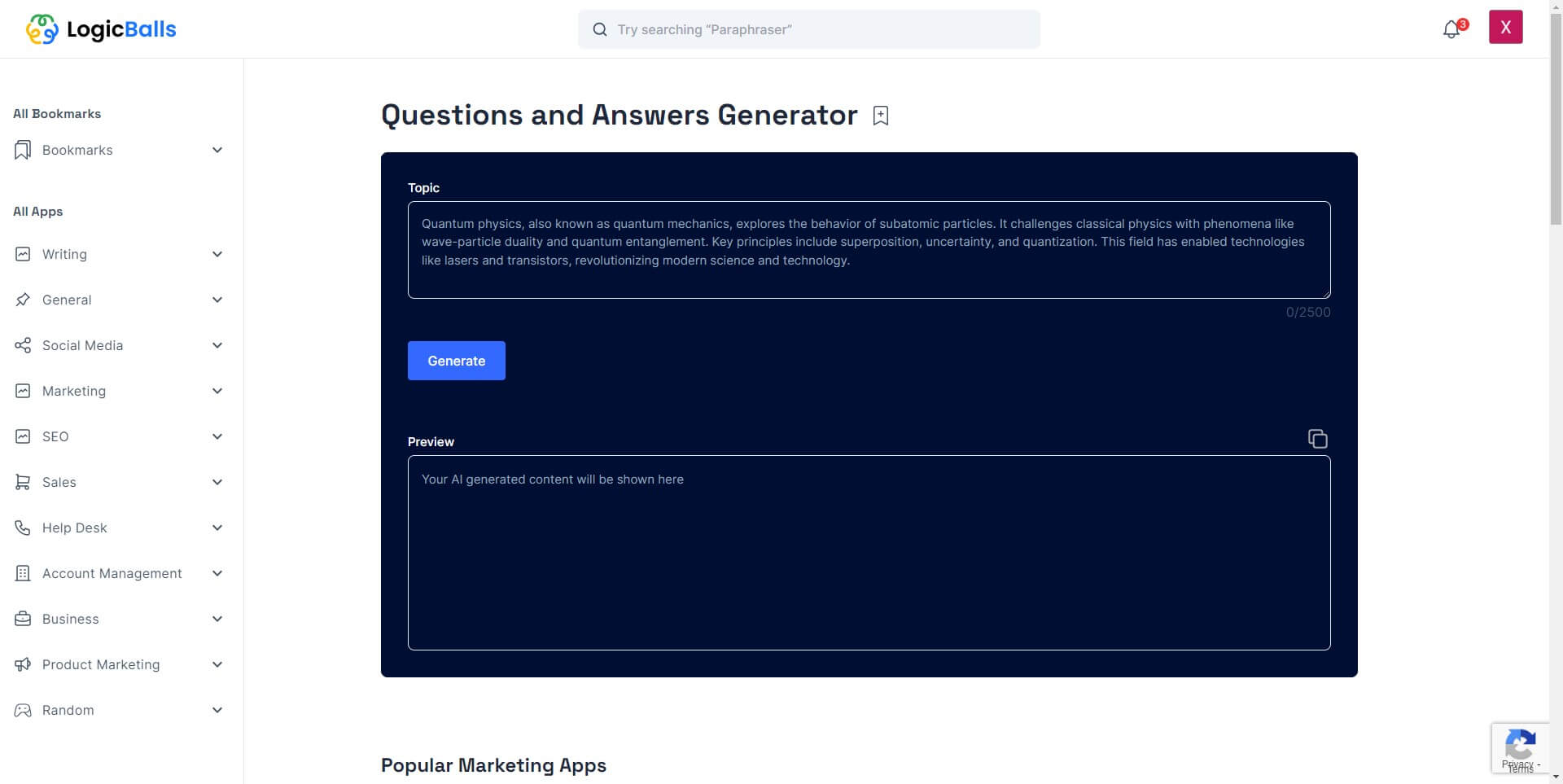 question answer generator- Logicballs