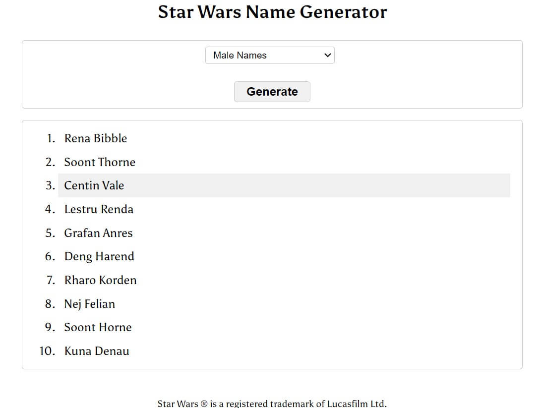Star Wars name generator- Donjon