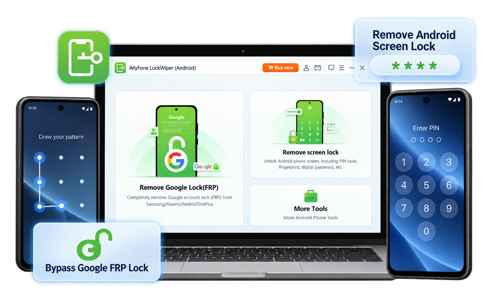 iMyFone LockWiper Android removing screen locks and bypassing Google FRP on Android phones
