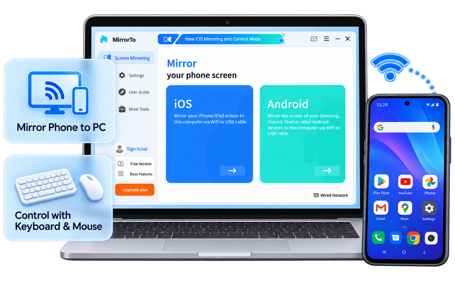 iMyFone MirrorTo mirroring a phone to a laptop with keyboard and mouse controls