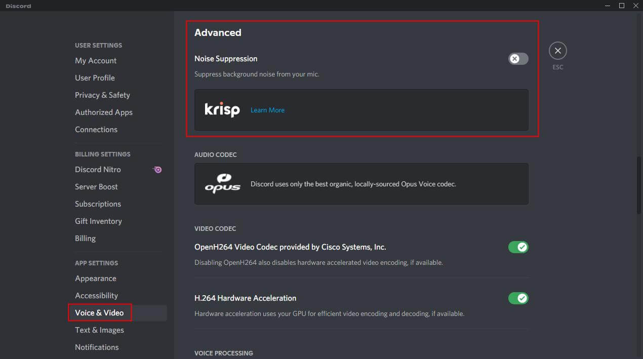discord noise suppresion turn off