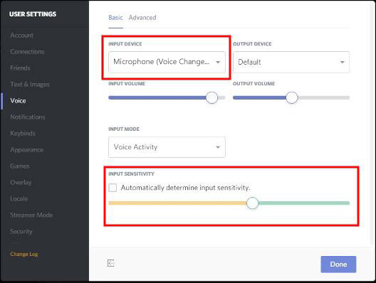 selectați dispozitivul audio virtual de schimbător de voce în discord