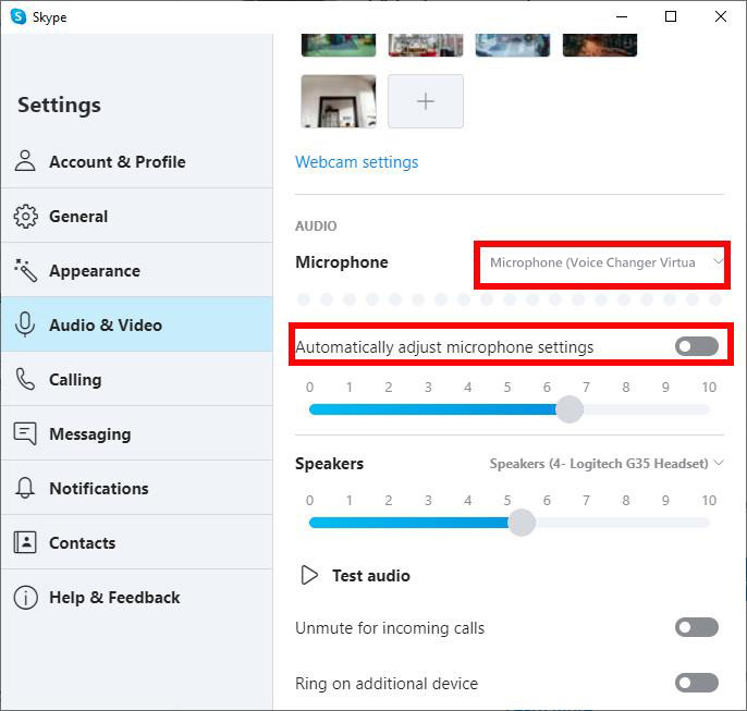 selectați dispozitivul audio virtual de schimbător de voce în Skype