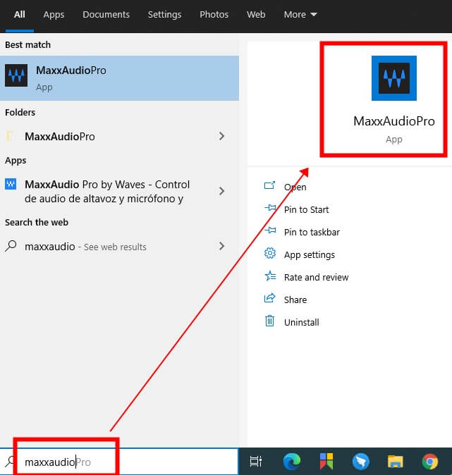 tastați maxxaudio pe bara de căutare Windows