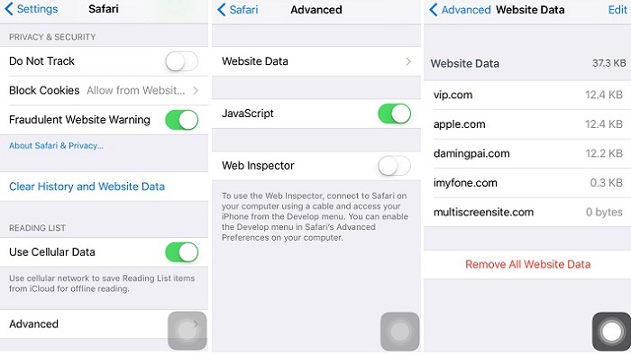 check safari website data from settings