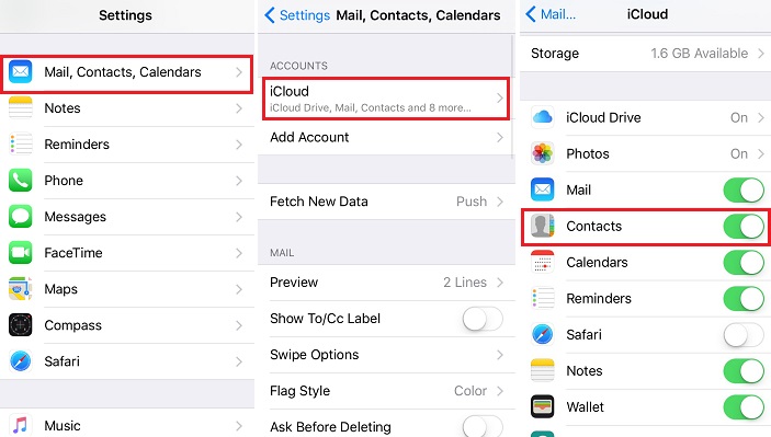 turn icloud contacts on and off