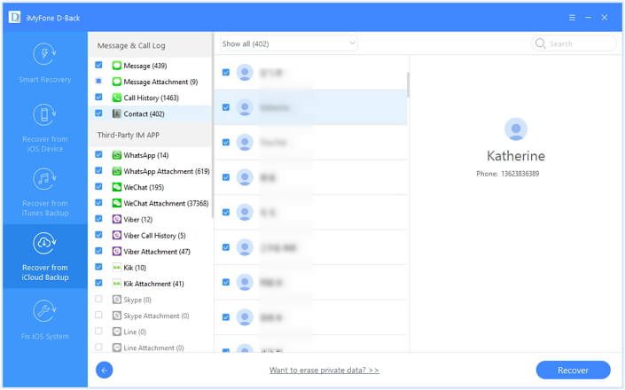 preview and select the iCloud contacts