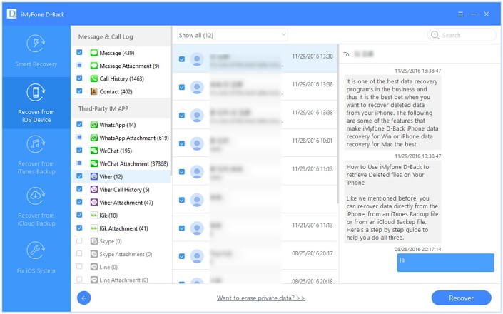 iMyFone D Back preview Viber Messages on iOS device