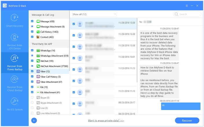 iMyFone D Back recover viber messages from iTunes