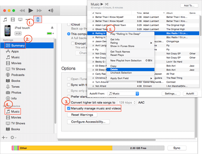 Delete Music from iPod/iPod touch with iTunes