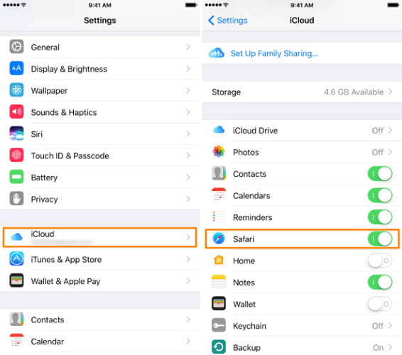 turn on safari from iCloud settings