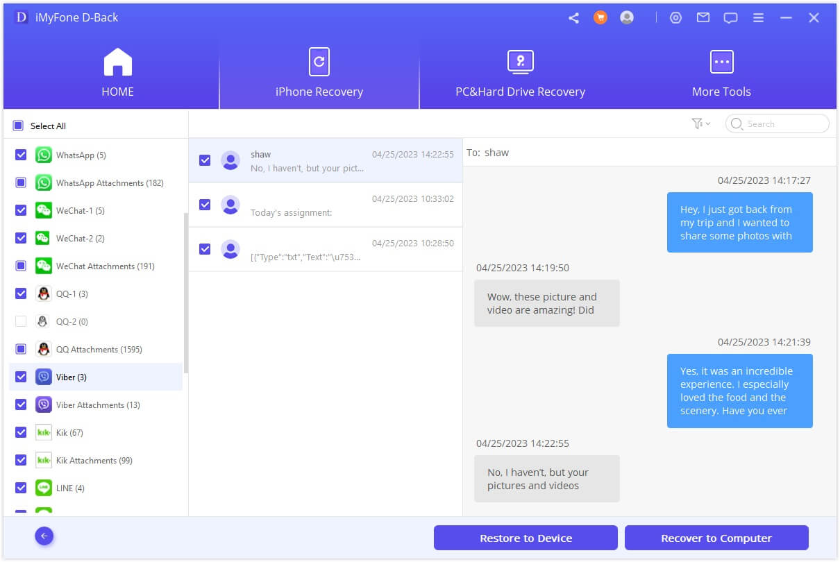 iMyFone D Back preview the Viber messages 