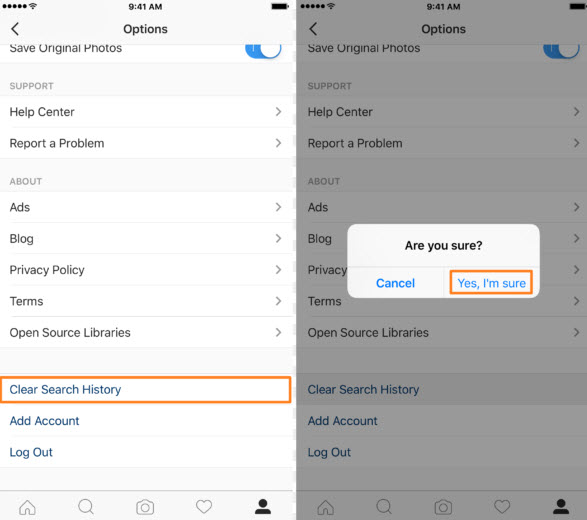 clean instagram search history