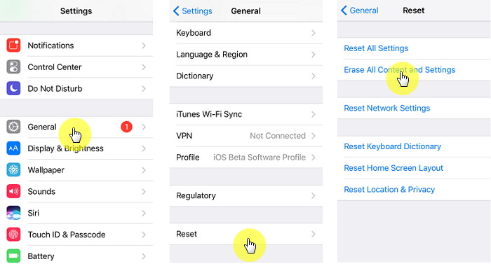 erase all content and settings on iPhone
