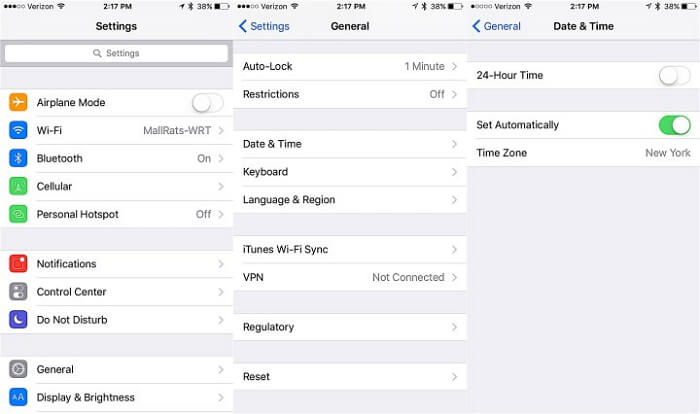 check iphone data and time settings