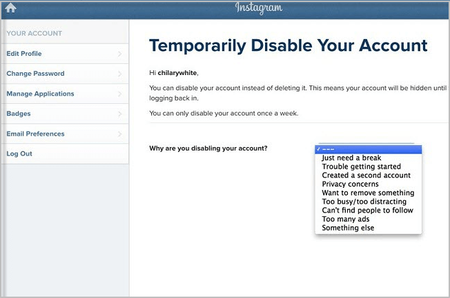 disable instagram account