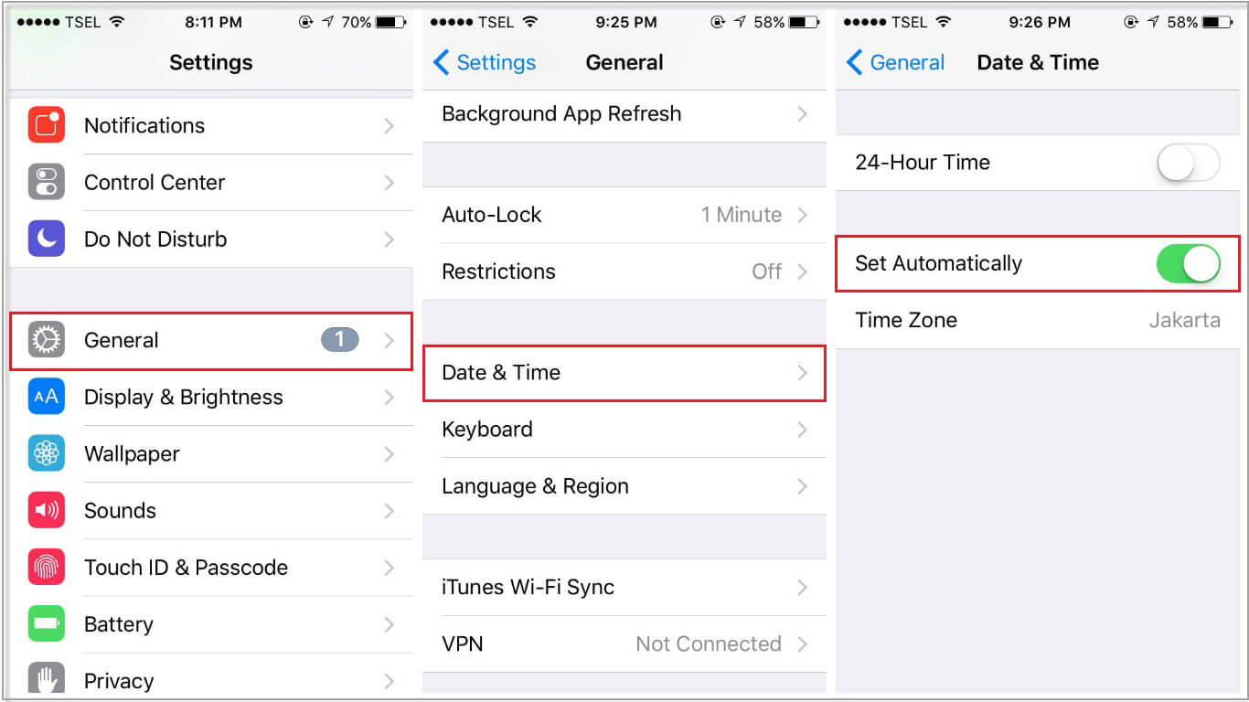 set correct time and date in settings