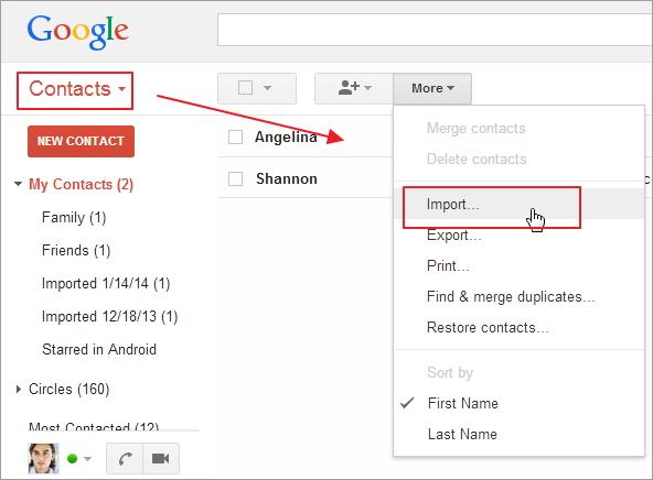 import comtact to gmail