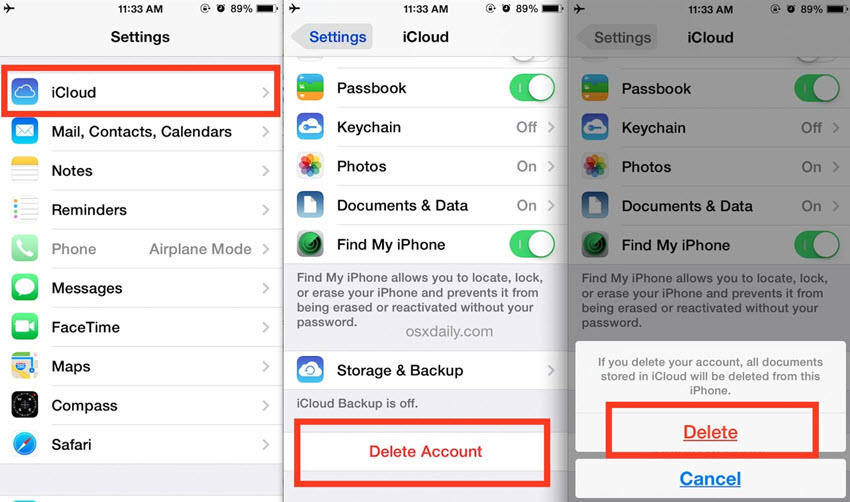 remove icloud email account from iphone