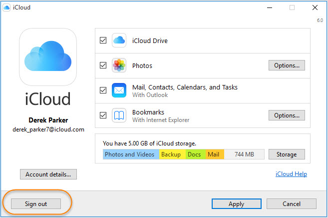 Sign out of iCloud on Windows