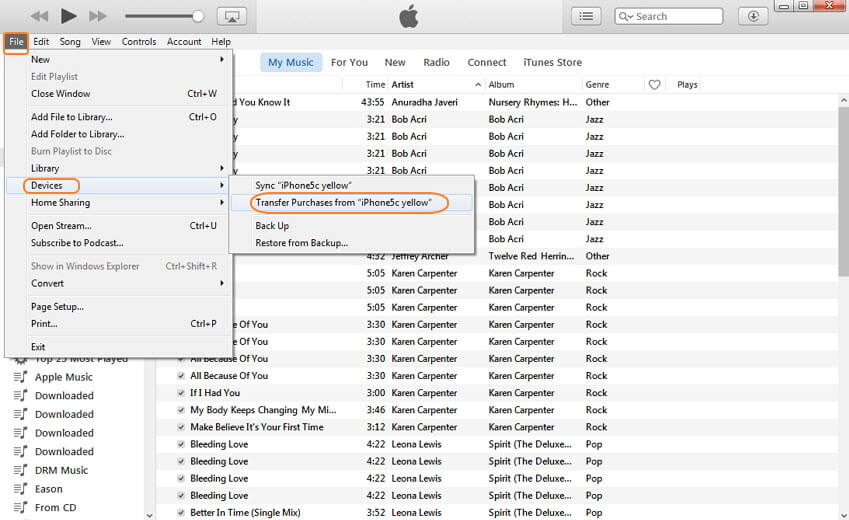 transfer purchase to iTunes