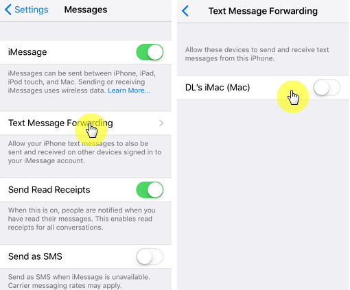 Tap on Text Message forwarding 