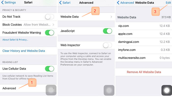 website data on iphone
