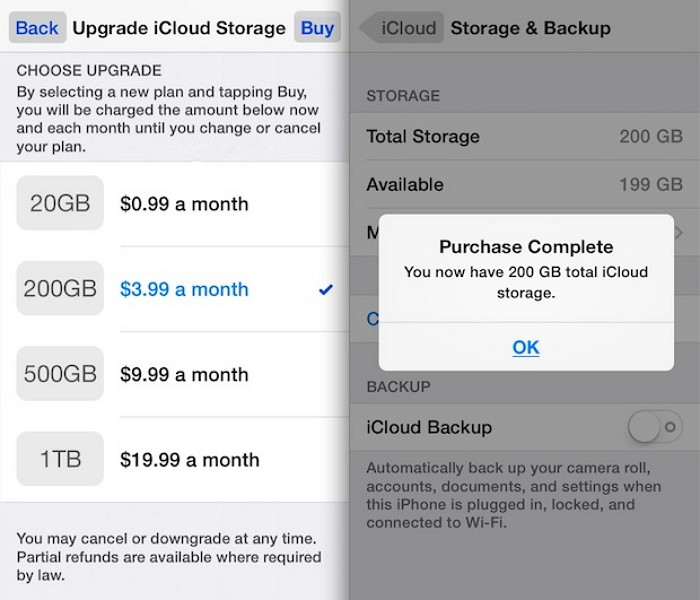 upgrade iCloud storage