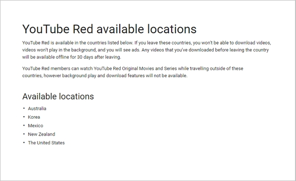 youtube red available countries