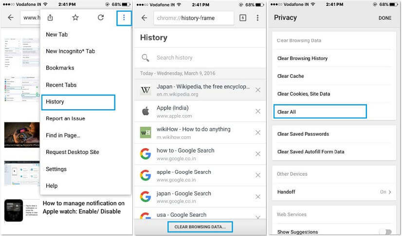 how to delete history on google chrome iphone