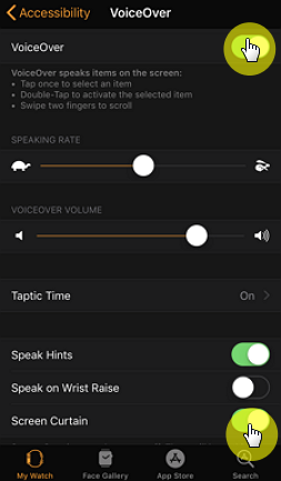 turn off voiceover and screen curtain on apple watch