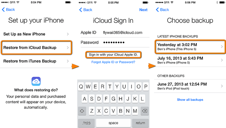 restore iCloud backup to device