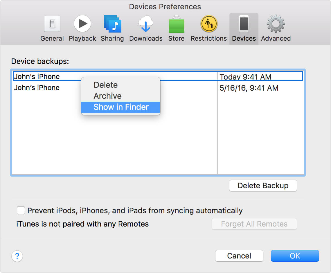 itunes backups mac show in finder