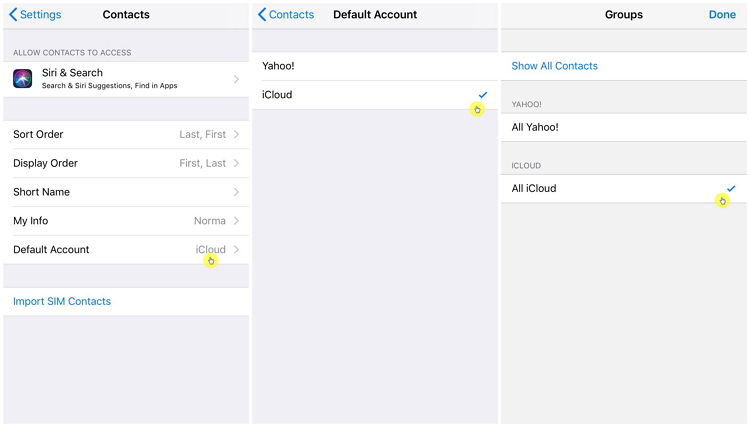 set up default account for contacts