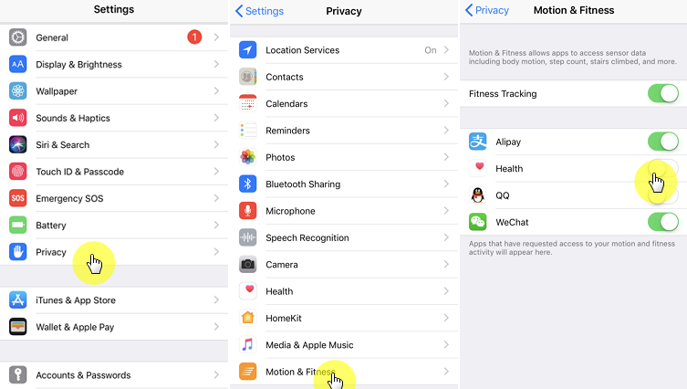 turn on the health app in private settings