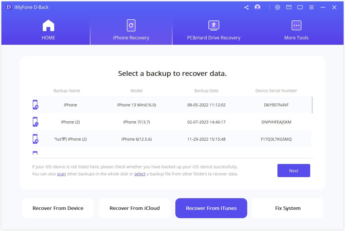 iMyFone D Back for iOS Choose the Relevant iTunes Backup