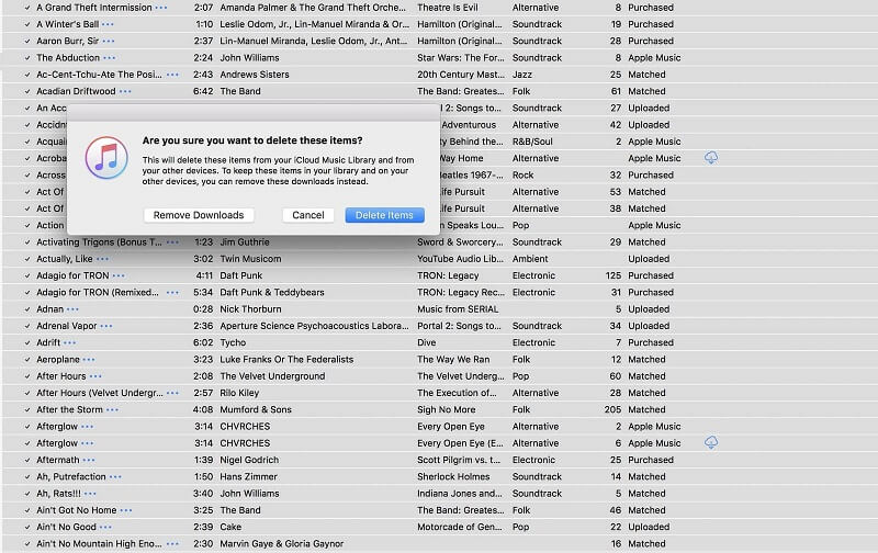 delete all icloud music library itunes