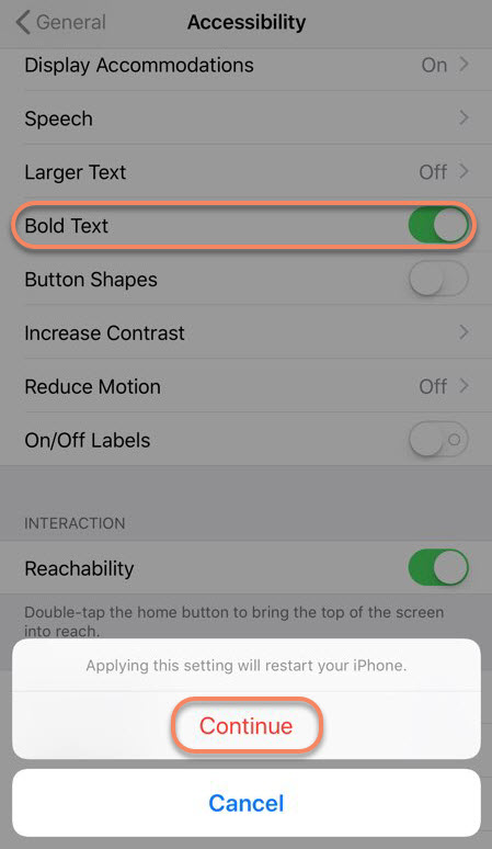 restart iphone bold text