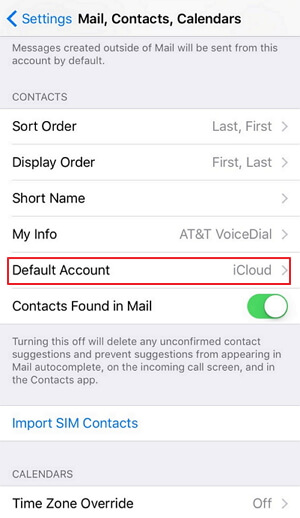 Check Default Account of Contacts under Settings 