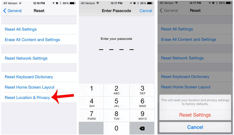 reset location and privacy on iphone