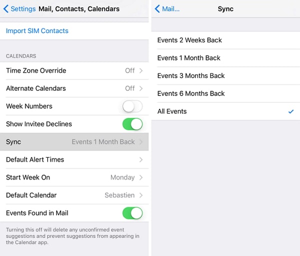 sync calendar events in settings