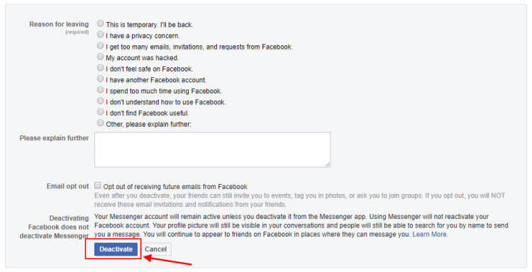 deactivate facebook account turtorial step 4