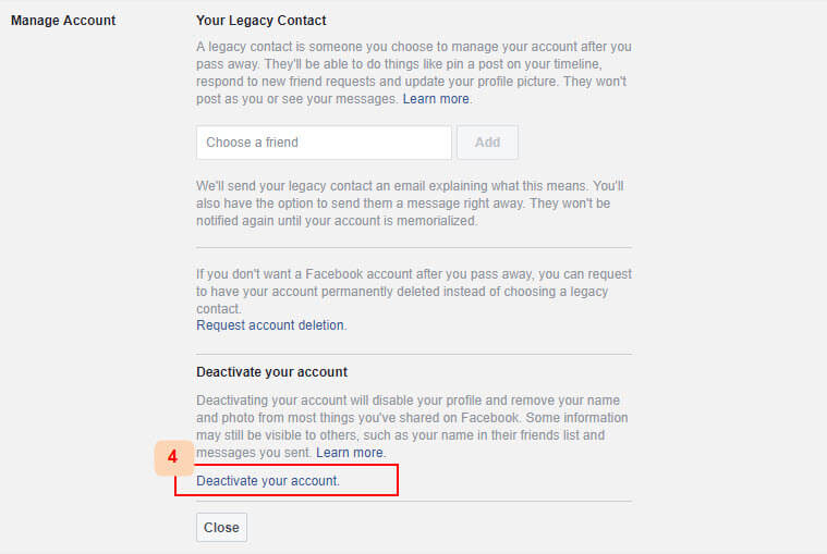deactivate facebook account turtorial step 2 