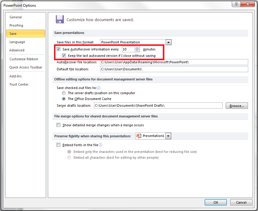 powerpoint autosave location windows 10