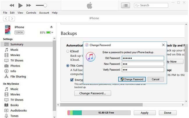 change iphone backup password