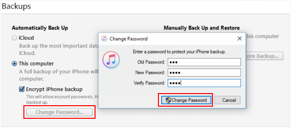 change itunes backup password